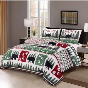 Black Bear Paw Print Printed King Quilt Set Lodge Cabin Woods